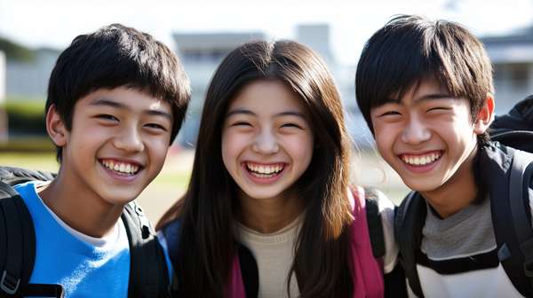 笑顔で並ぶ仲の良い学生たち