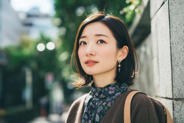 都会の街角に立つ洗練された女性のポートレート
