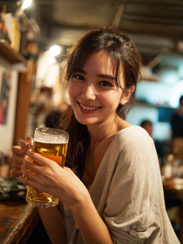 居酒屋でビールを楽しむ笑顔の女性