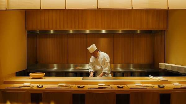 高級寿司店のカウンターで料理をする職人