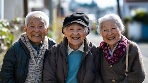 笑顔で寄り添う幸せそうな高齢女性三人組