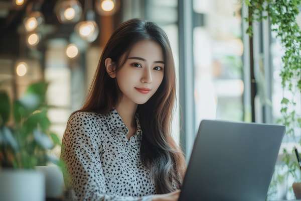 カフェでノートパソコン作業をする女性