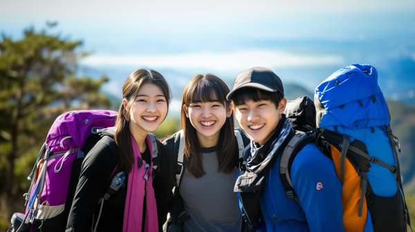 山頂で笑顔を見せる楽しそうな3人のハイカー