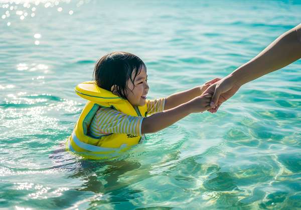 海で親の手を握り笑顔で泳ぐ子供