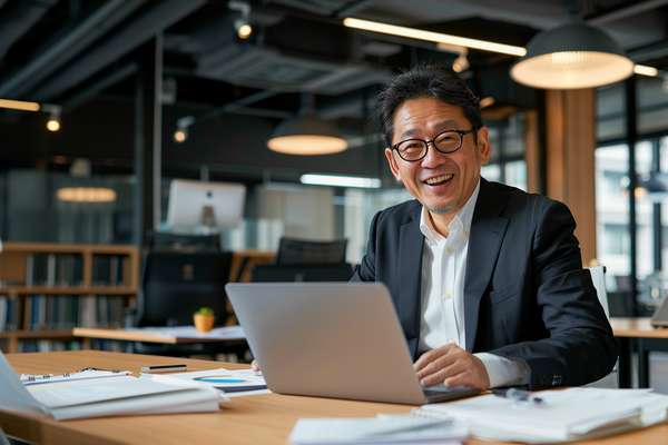 オフィスでパソコン作業をする笑顔の日本人男性ビジネスマン