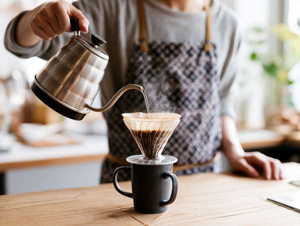 ハンドドリップで丁寧にコーヒーを淹れるバリスタ