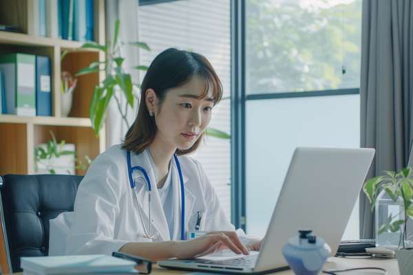 オフィスでパソコン作業をする女性医師