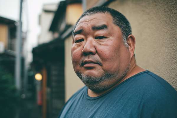路地の真剣なアジア人男性