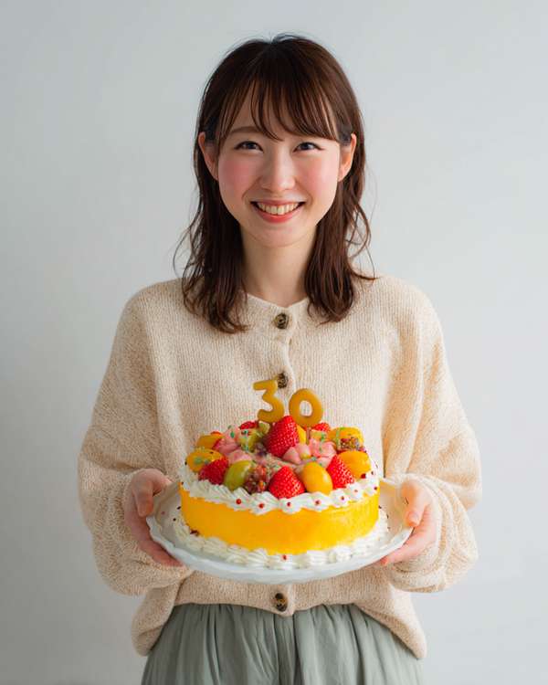 30歳の誕生日ケーキを持つ笑顔の女性