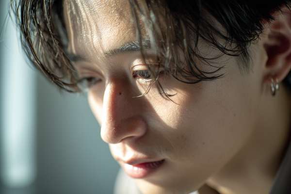 窓際で物思いにふける若者のクローズアップ