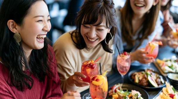 カフェで食事を楽しみながら笑い合う女性たち