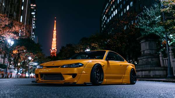 東京タワーを背景に佇むカスタムされたイエローのスポーツカー