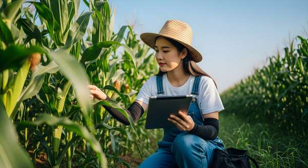 トウモロコシ畑でタブレットを使用して農作物を調査する農家
