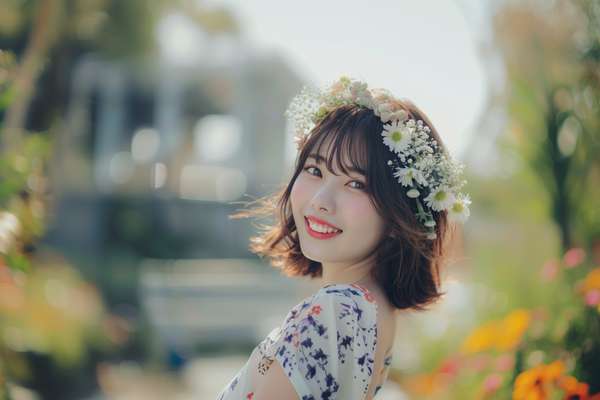 花冠をつけた笑顔の女性