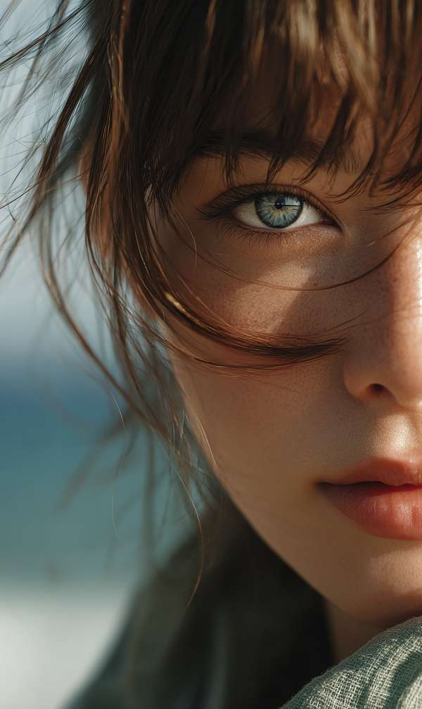 海辺で佇む美しい女性のクローズアップポートレート