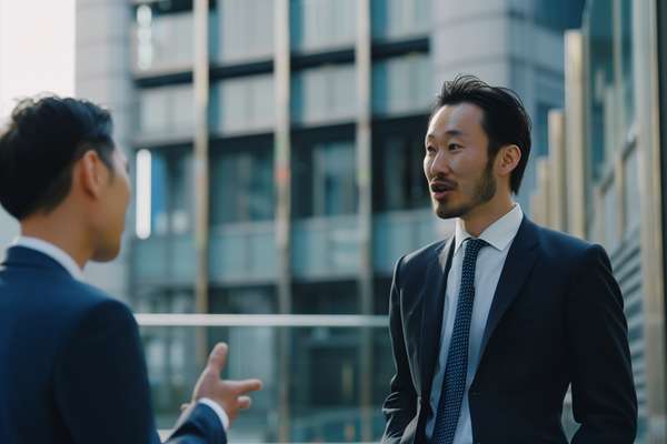 オフィス街で議論する二人のビジネスマン