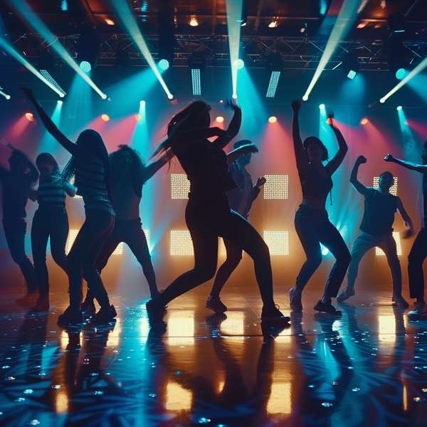 ダンスフロアで盛り上がる若者たちのシルエット