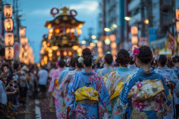 日本の祭りで浴衣を着て歩く人々