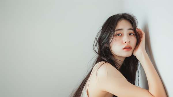 白い壁に寄りかかる美しい女性のポートレート