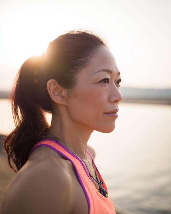 夕暮れ時に海辺で佇むアクティブなアジア人女性