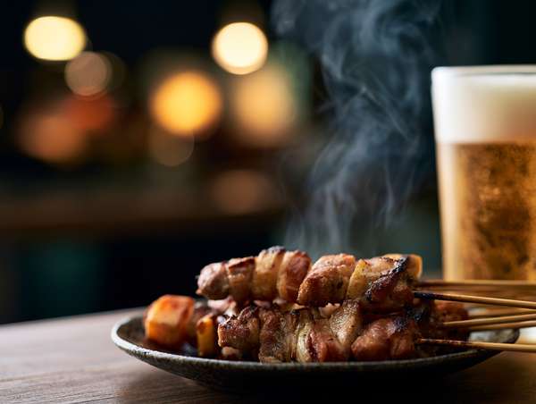 湯気が立つ熱々の焼き鳥とビール