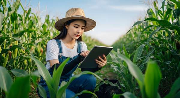 トウモロコシ畑でタブレットを操作する女性農家