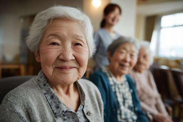 介護施設で笑顔を浮かべる高齢女性たち