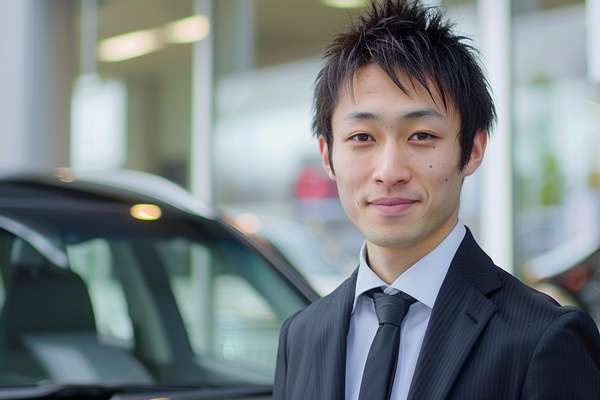 車のショールームで微笑む若い男性セールスマン