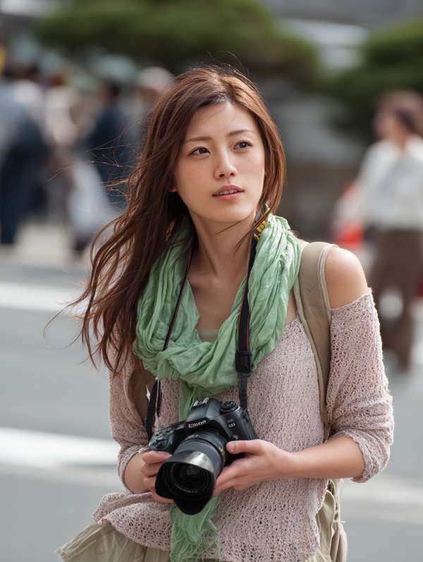 カメラを持って街を歩く若く美しい女性