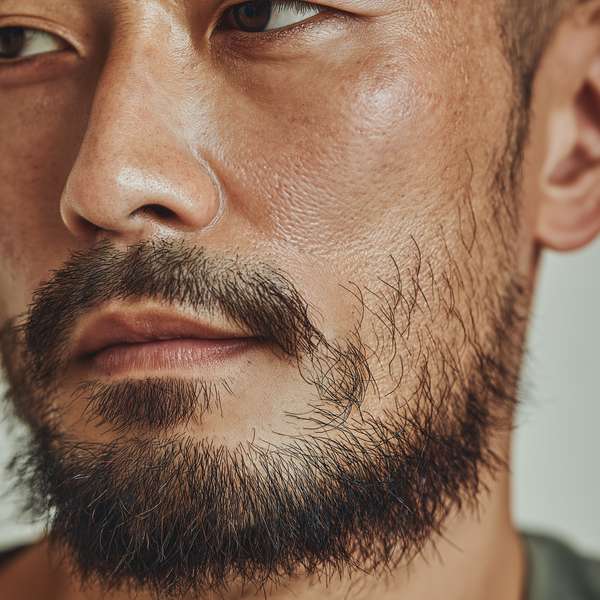 無精髭を蓄えたアジア人男性のクローズアップ