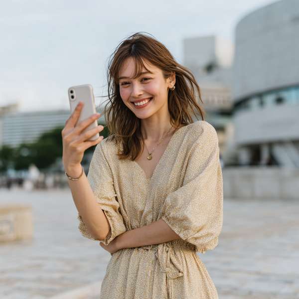 スマートフォンでビデオ通話をする笑顔の女性
