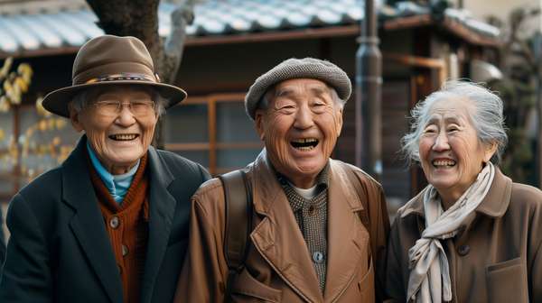 笑顔で寄り添う幸せそうな高齢者の三人組