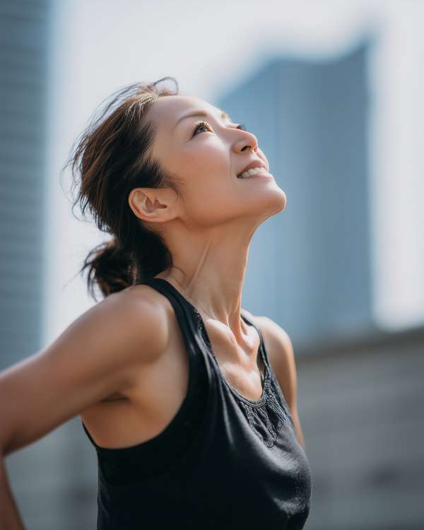 都会の空を見上げるアクティブな女性