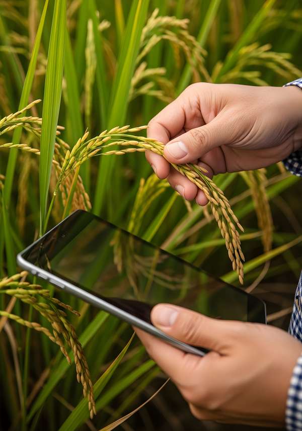 田畑でタブレットを使い稲穂を確認する農業従事者
