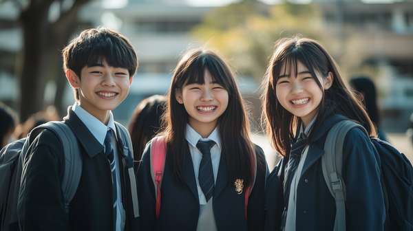制服を着て笑顔で並ぶ学生たち