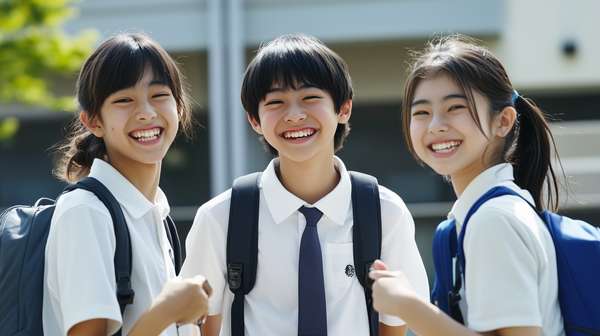 笑顔で登校する中学生の男女