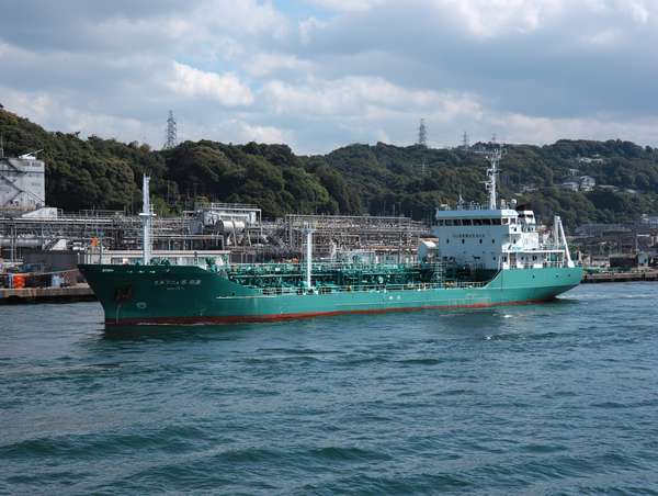 港湾を航行する緑色の貨物船