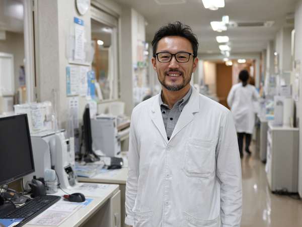 病院の廊下で微笑む男性医師
