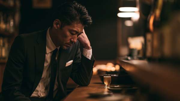 バーで一人で悩むスーツ姿の男性