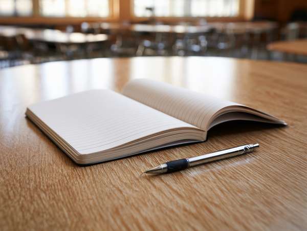 学習机に置かれた開いたノートとペン