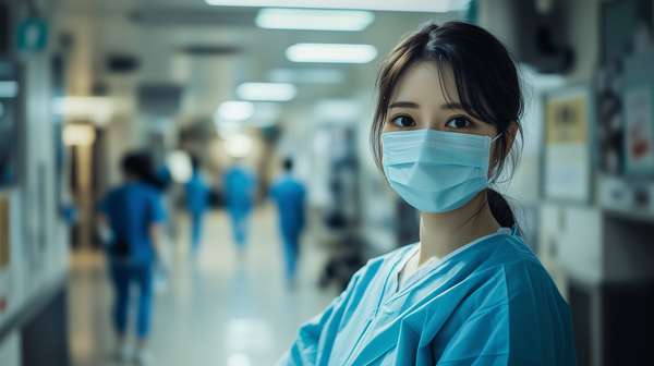 病院の廊下で働く医療従事者の女性