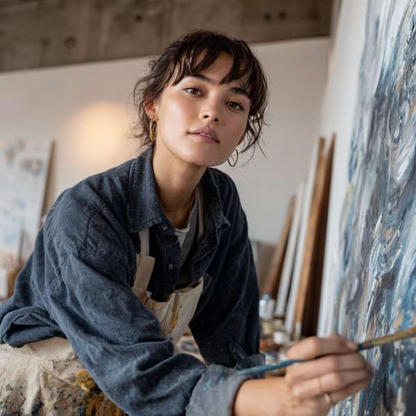 アトリエで絵画を制作する女性アーティスト