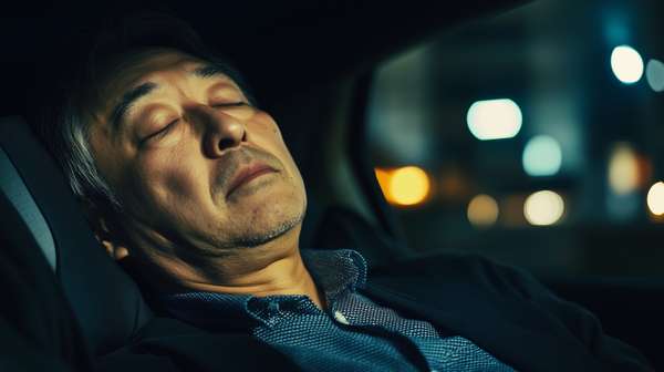 夜の車内で眠るビジネスマン