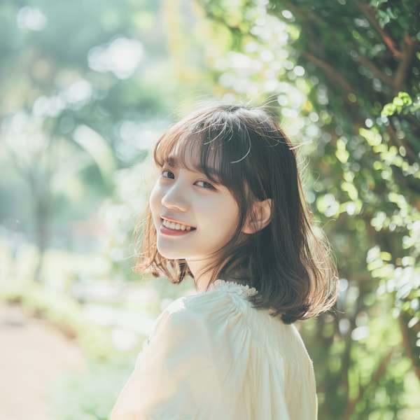 自然光の中で微笑むショートヘアの女性