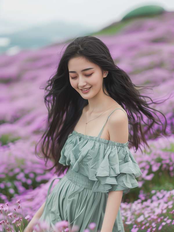 満開の芝桜に囲まれて微笑む女性