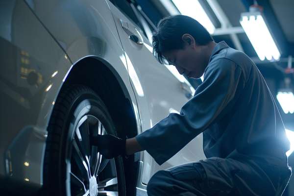 自動車整備工場でタイヤ交換をする整備士