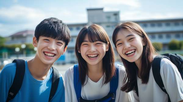 笑顔で学校に通う仲の良い学生たち
