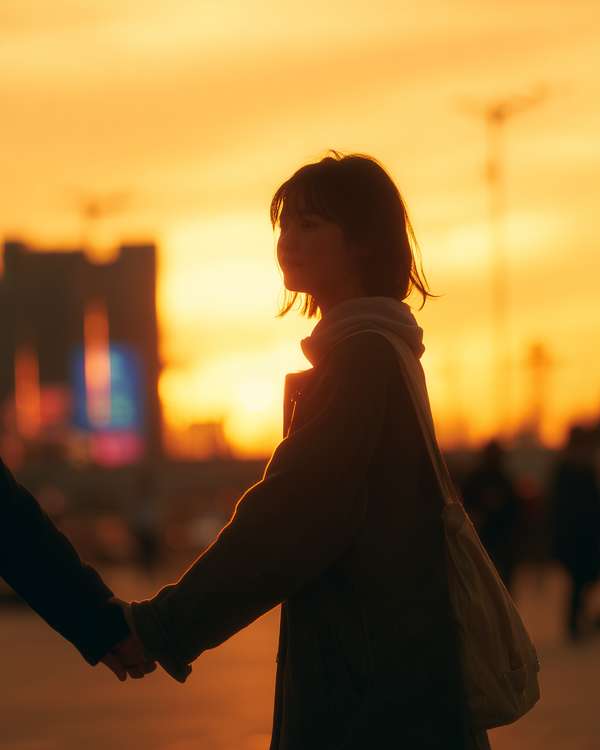 夕暮れ時に手をつなぐ二人のシルエット