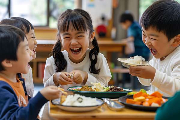 笑顔で給食を食べる子どもたち
