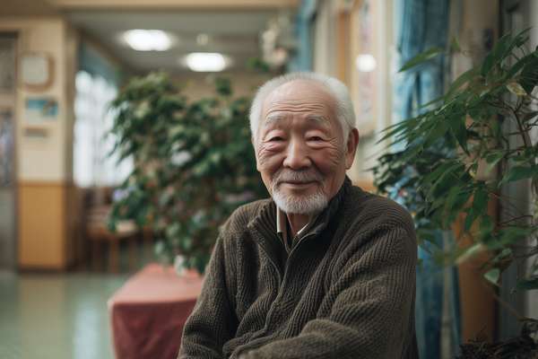 穏やかな表情で微笑む高齢の日本人男性